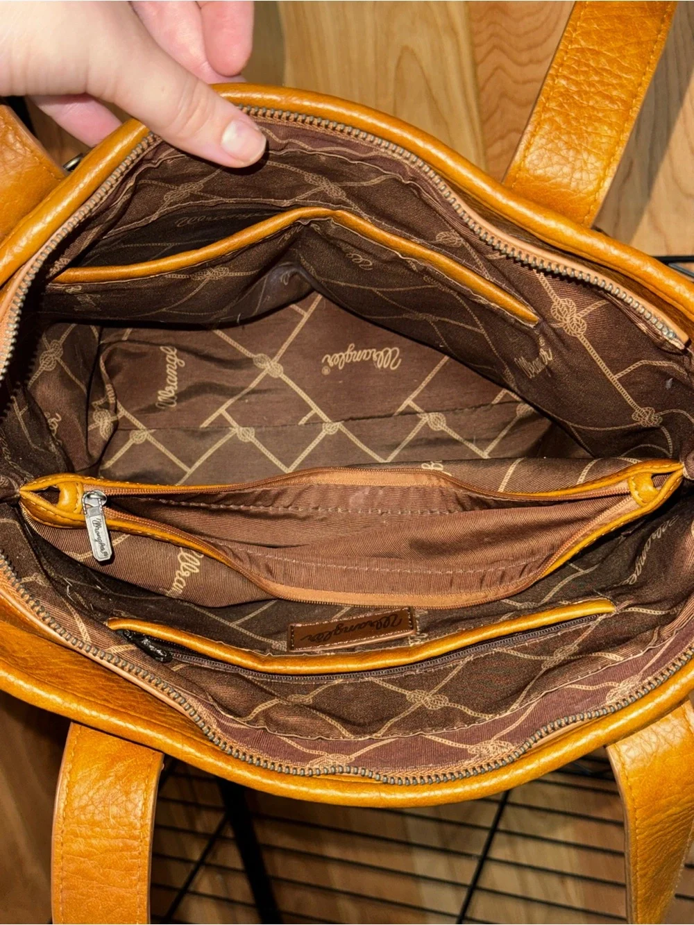 Wrangler Brown Tooled Leather and Fur Fringe Tote with Turquoise Conchos